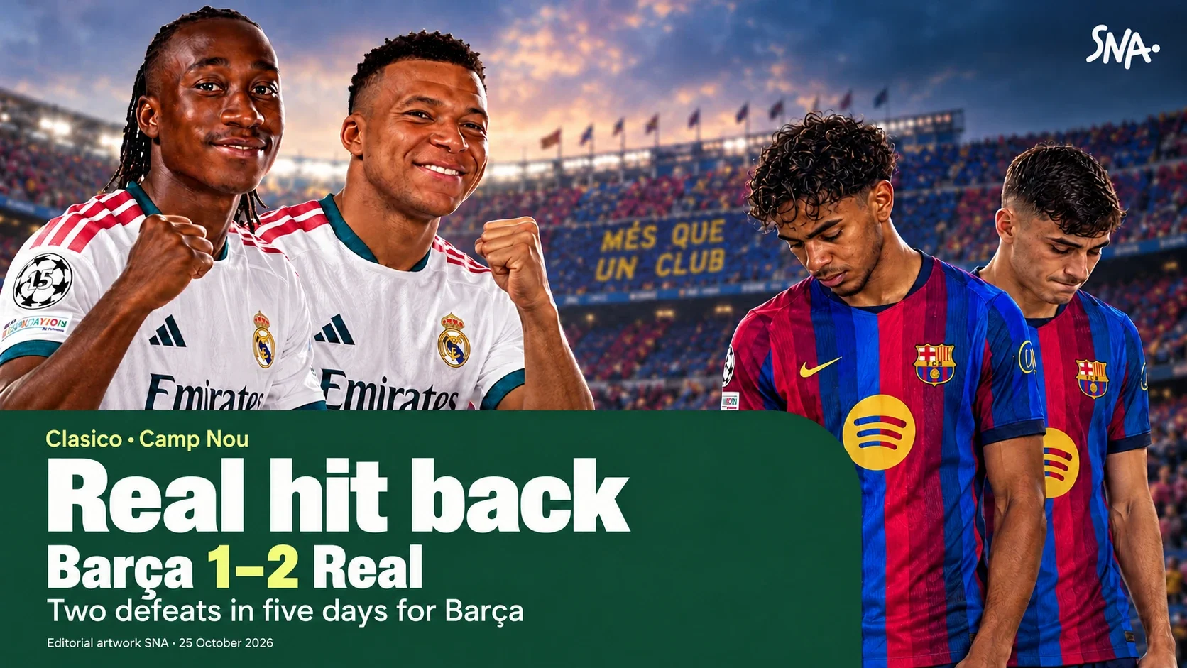 Editorial artwork: Madrid joy and Barcelona disappointment, Barça1–2Real