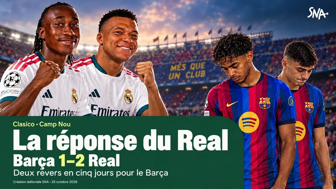 Illustration : Barça–Real (1–2) : Mbappé frappe deux fois, Barcelone termine sa semaine à terre