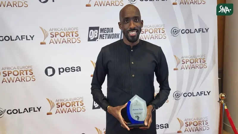 Mansour Loum with his sports journalist of the year trophy at the 2026 Africa-Europe Sports Awards.