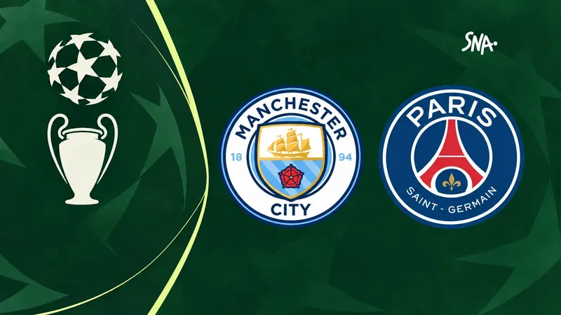Manchester City–PSG pre-match illustration: the two clubs' crests in the SNA Champions League branding.
