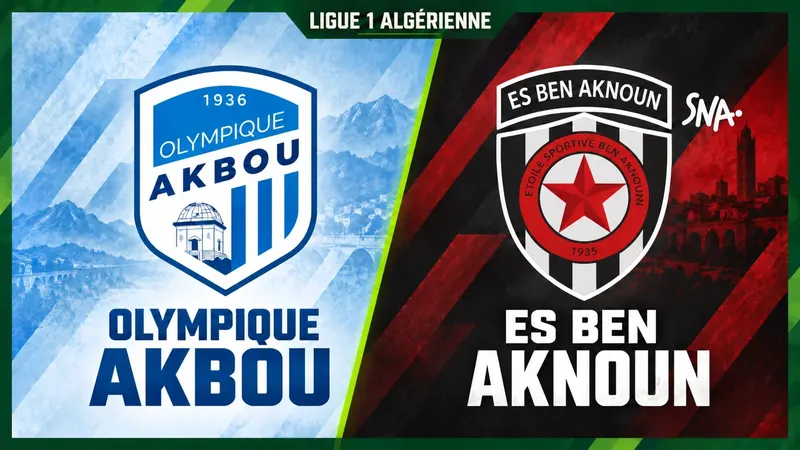 Illustration d’avant-match Olympique Akbou–ES Ben Aknoun en Ligue 1 algérienne, avec les blasons des deux clubs.
