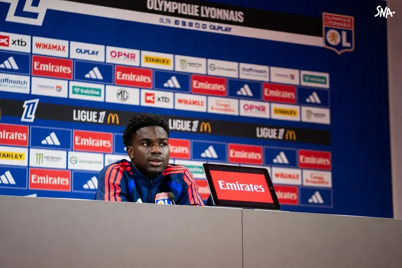 Ernest Nuamah at an OL press conference, archive photo published on 8 October 2026.