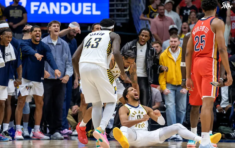 Tyrese Haliburton on the floor and Pascal Siakam after a play against the Pelicans on 21 October 2026 in New Orleans.