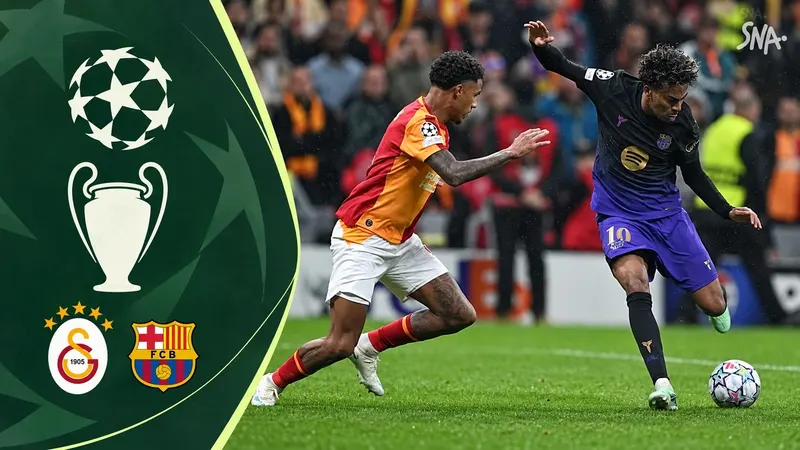 Montage illustrating Galatasaray–FC Barcelona, with the club crests and the Champions League emblem.