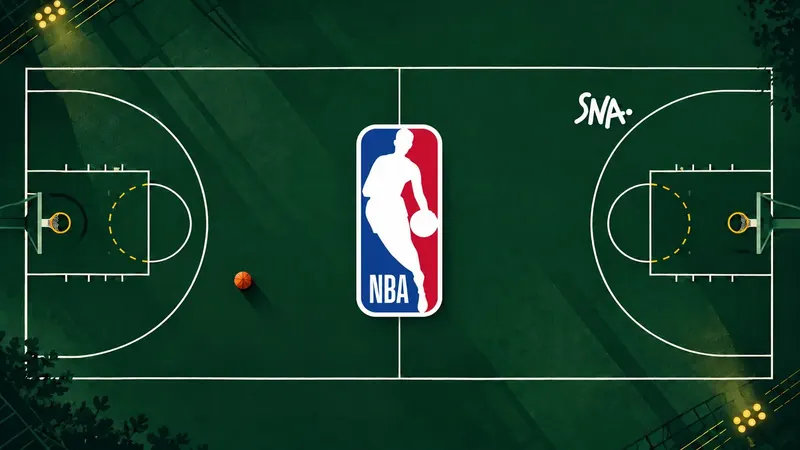 SNA illustration: NBA logo at the centre of a basketball court, with the SNA logo in the top right.