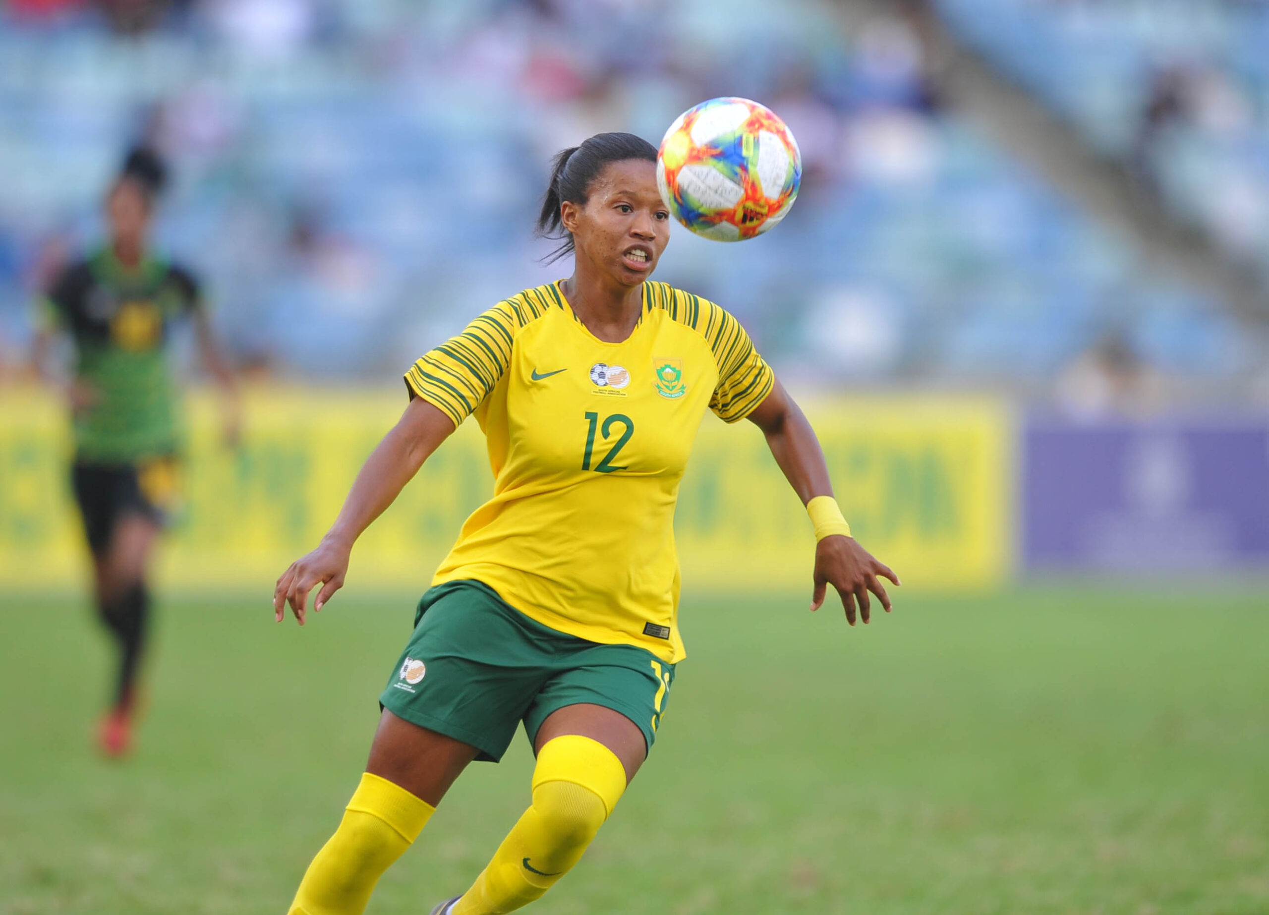 Jermaine Seoposenwe of South Africa during the International Women Friendly match between South Africa and Jamaica  on the 07 April 2019 at Aquarium  Pic Sydney Mahlangu/ BackpagePix