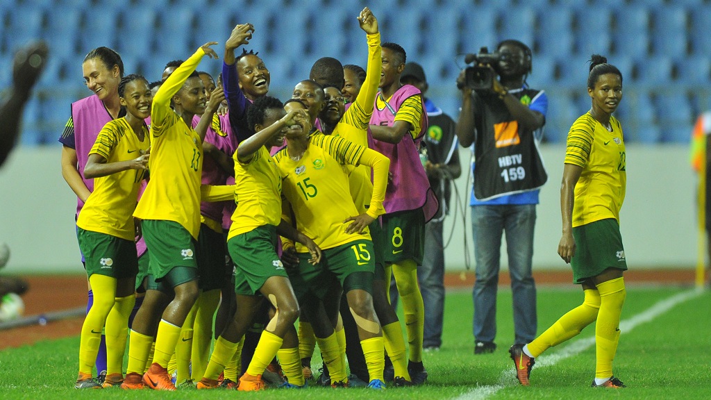 Thembi Kgatlana of South Africa celebrates with teammates during the 2018 TOTAL African Womens Cup of Nations semi final match between  South Africa and Mali  on the 27 November 2018 at Cape Coast Stadium, Ghana   / Pic Sydney Mahlangu/BackpagePix