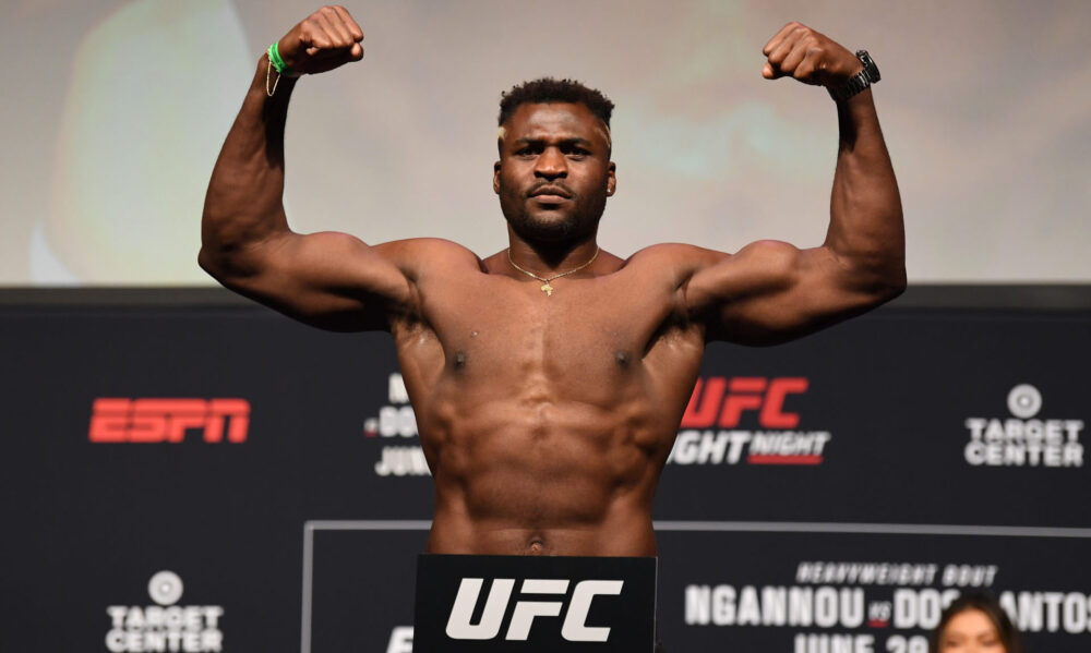 MINNEAPOLIS, MN - JUNE 28:  Francis Ngannou of Cameroon poses on the scale during the UFC Fight Night weigh-in at the Target Center on June 28, 2019 in Minneapolis, Minnesota. (Photo by Josh Hedges/Zuffa LLC/Zuffa LLC via Getty Images)