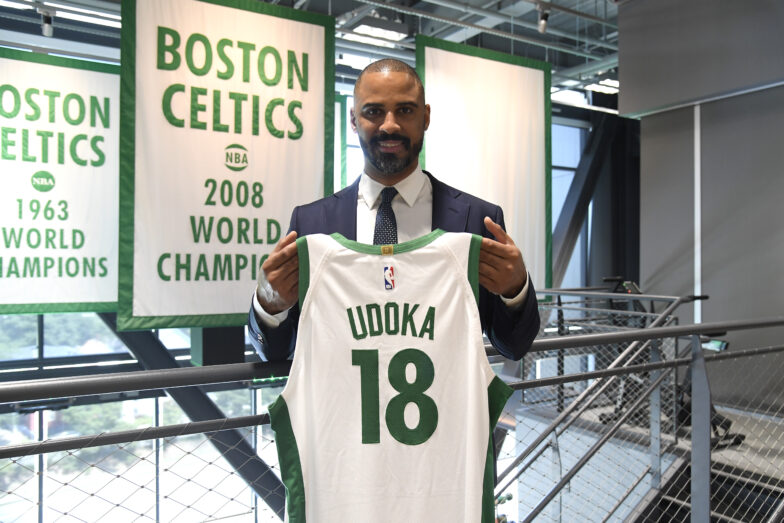 BOSTON, MA - JUNE 28: Ime Udoka poses for a portrait after a press conference introducing him as the Boston Celtics Head Coach on June 28, 2021 at the TD Garden in Boston, Massachusetts.  NOTE TO USER: User expressly acknowledges and agrees that, by downloading and or using this photograph, User is consenting to the terms and conditions of the Getty Images License Agreement. Mandatory Copyright Notice: Copyright 2021 NBAE  (Photo by Brian Babineau/NBAE via Getty Images)
