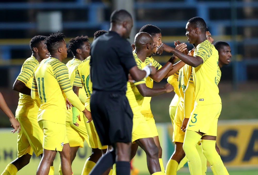 Jamie Webber of South Africa celebrates goal with teammates during the 2019 CAF Olympic Qualifier match between South Africa and Angola at Bidvest Milpark Stadium, Johannesburg on 26 March 2019 ©Samuel Shivambu/BackpagePix