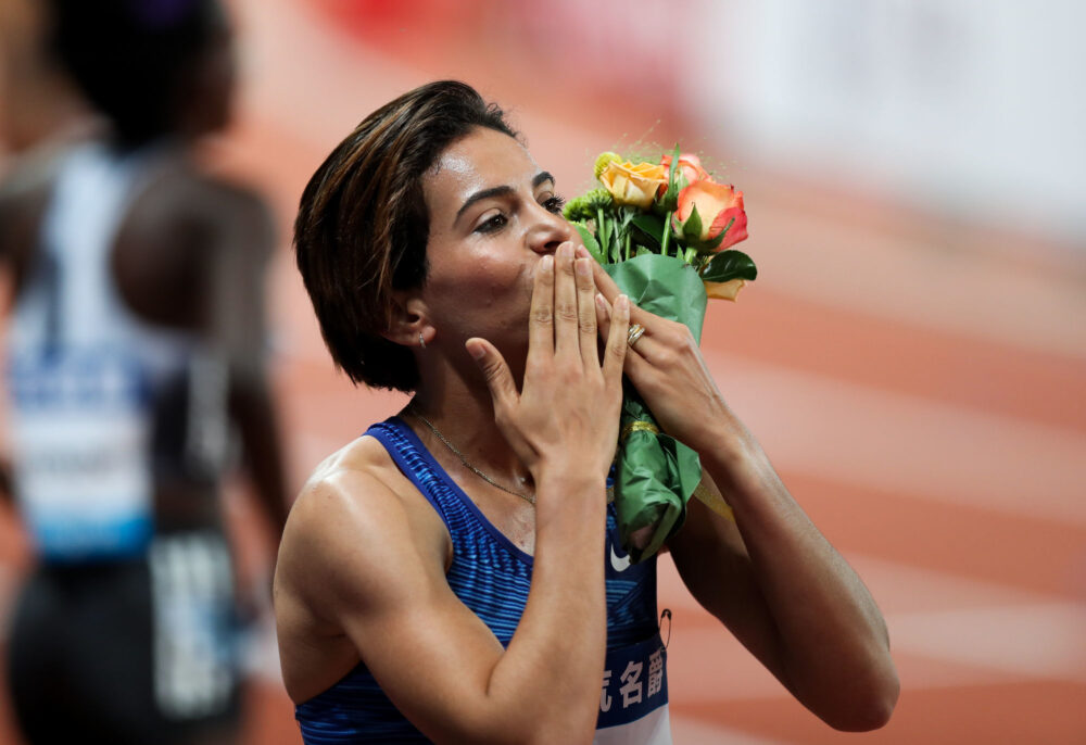 (190518) -- SHANGHAI, May 18, 2019  -- Rababe Arafi of Morocco celebrates after the Women's 1500m event of 2019 IAAF Diamond League in east China's Shanghai Municipality on May 18, 2019. Rababe Arafi won the first place with 4 minutes and 1.15 seconds. Photo : Pixathlon / Icon Sport