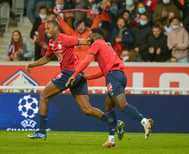 La joie des Lillois après l'ouverture du score face à Angers (1-1).
