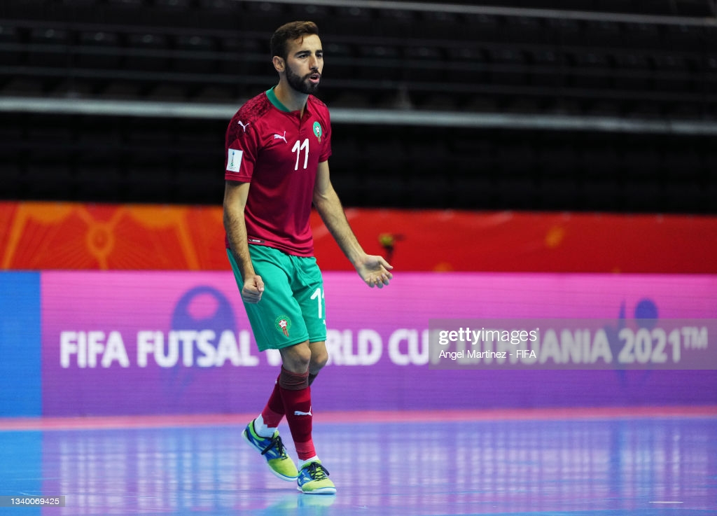 KAUNAS, LITHUANIA - SEPTEMBER 13: Bilal Bakkali of Morocco  celebrates after scoring their team's fourth goal during the FIFA Futsal World Cup 2021 group C match between Morocco and Solomon Islands at Kaunas Arena on September 13, 2021 in Kaunas, Lithuania. (Photo by Angel Martinez - FIFA/FIFA via Getty Images)