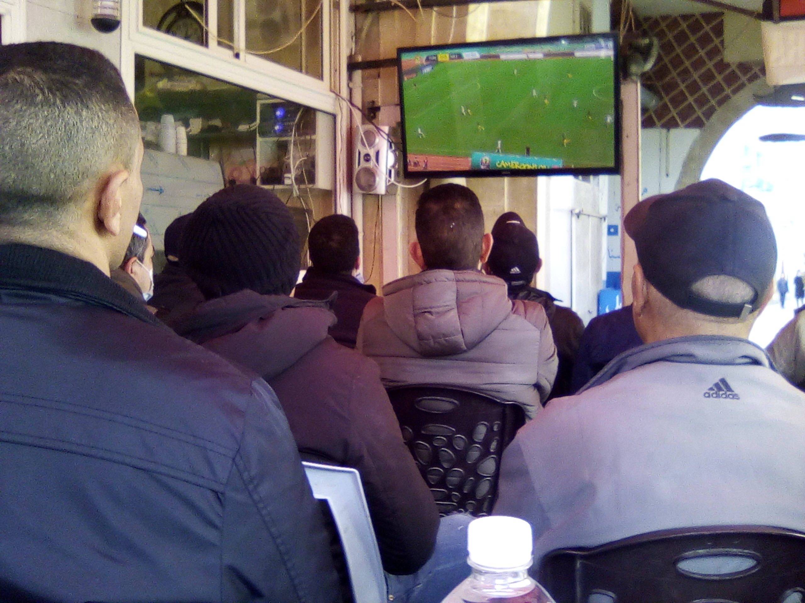 Bab Jedid (Tunis). Des fans des Aigles de Carthage devant un match de la CAN 2021.