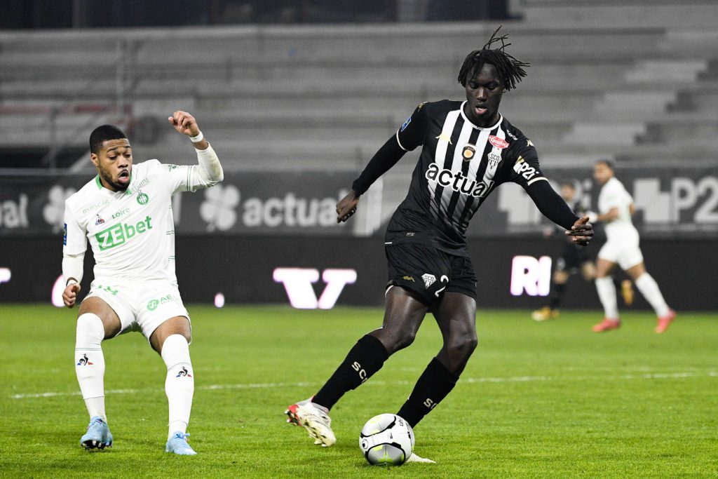 18 Arnaud NORDIN (asse) - 02 Batista MENDY (sco) during the Ligue 1 Uber Eats match between Angers and Saint-Etienne at Stade Raymond Kopa on January 26, 2022 in Angers, France. (Photo by Christophe Saidi/FEP/Icon Sport) - Photo by Icon sport