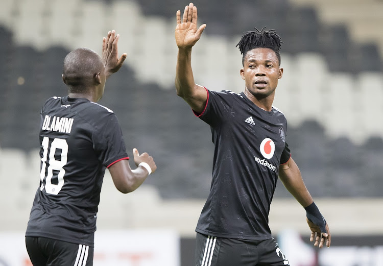 Kwane Peprah and Kabelo Dlamini of Orlando Pirates during the CAF Confederation Cup 2021/22 game between Royal Leopards and Orlando Pirates at Mbombela Stadium in Mpumalanga, South Africa on  27 February 2022 © Dirk Kotze/BackpagePix