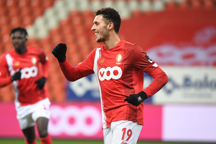 LIEGE, BELGIUM - JANUARY 11 : Selim Amallah midfielder of Standard Liege celebrates after scoring with teammates   during the Jupiler Pro League match between Standard Liege and Waasland Beveren on January 11, 2021 in Liege, Belgium, 11/01/2021 ( Photo by Philippe Crochet / Photonews