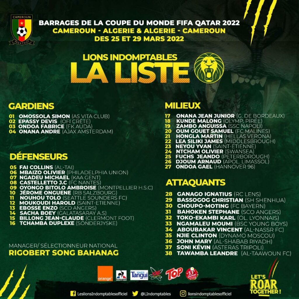 Première liste de Rigobert Song avec le Cameroun