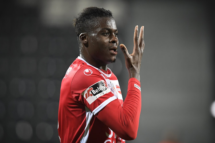 EUPEN, BELGIUM - FEBRUARY 29 : Frank Thierry Boya midfielder of Mouscron scores and celebrate during the Jupiler Pro League match between KAS Eupen and Royal Excel Mouscron on February 29, 2020 in Eupen, Belgium, 29/02/20 ( Photo by DH / Photonews