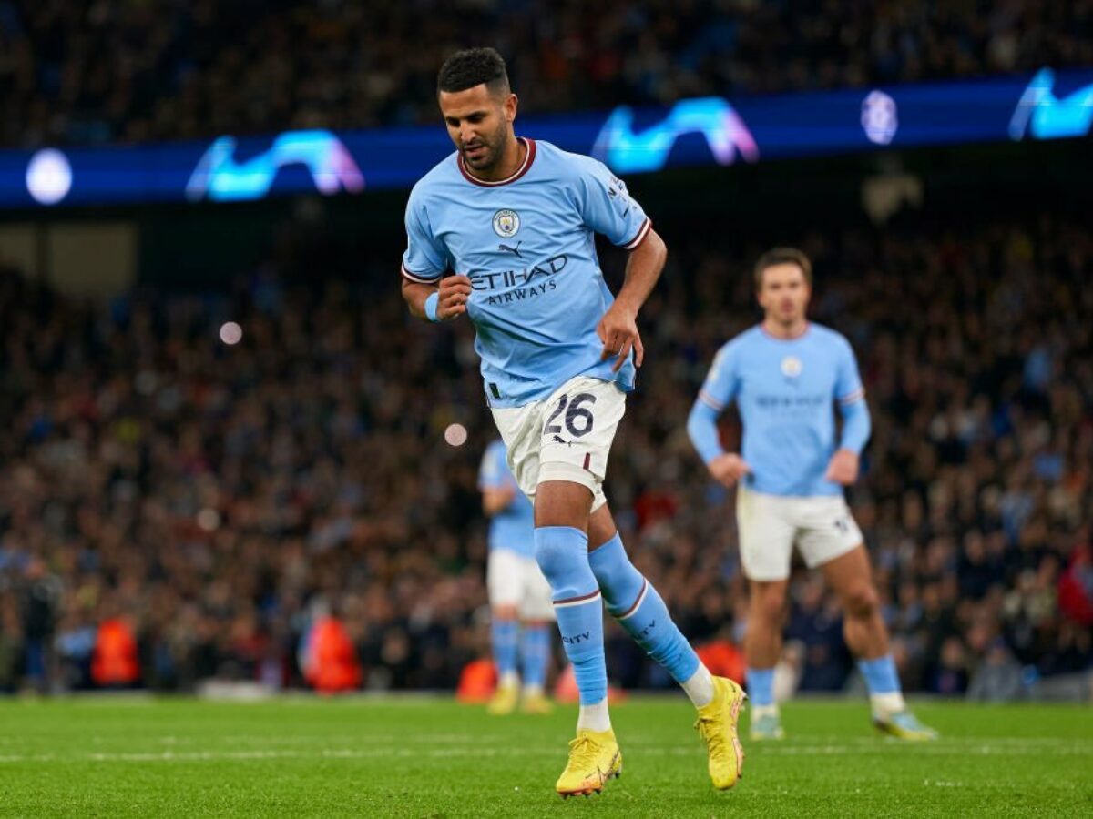 MANCHESTER, ENGLAND - OCTOBER 05: Riyad Mahrez of Manchester City celebrates after scoring his team's fourth goal during the UEFA Champions League group G match between Manchester City and FC Copenhagen at Etihad Stadium on October 05, 2022 in Manchester, England. (Photo by Pedro Salado/Quality Sport Images/Getty Images)