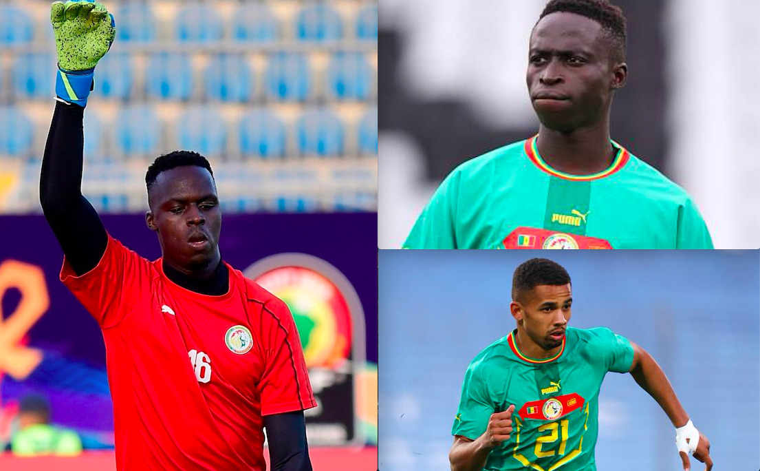 Édouard Mendy (en rouge), Krépin Diatta (en haut à droite) et Iliman Ndiaye vont vers de grands défis avec le Sénégal au Mondial 2022.