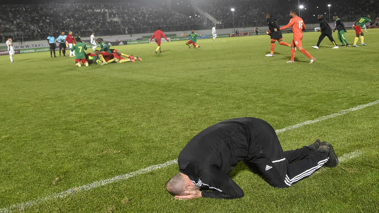 Algeria's coach Djamel Belmadi reacts to their defeat during the second leg of the 2022 Qatar World Cup African Qualifiers football match between Algeria and Cameroon at the Mustapha Tchaker Stadium in the city of Blida on March 29, 2022. - Karl Toko Ekambi scored in the fourth minute of added time at the end of extra time to gave Cameroon a dramatic 2-1 win over Algeria in Blida and a place at the 2022 World Cup. (Photo by AFP)
