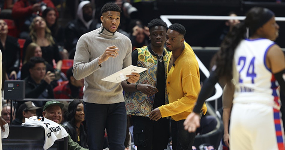 SALT LAKE CITY, UT - FEBRUARY 17: Giannis Antetokounmpo Head Coach of Team Dwyane, Alex Antetokounmpo and Thanasis Antetokounmpo Assistant Coach of Team Dwyane look on during Ruffles NBA All-Star Celebrity Game as part of 2023 NBA All Star Weekend on Friday, February 17, 2023 at the Jon M. Huntsman Center in Salt Lake City, Utah. NOTE TO USER: User expressly acknowledges and agrees that, by downloading and/or using this Photograph, user is consenting to the terms and conditions of the Getty Images License Agreement. Mandatory Copyright Notice: Copyright 2023 NBAE (Photo by Ned Dishman/NBAE via Getty Images)