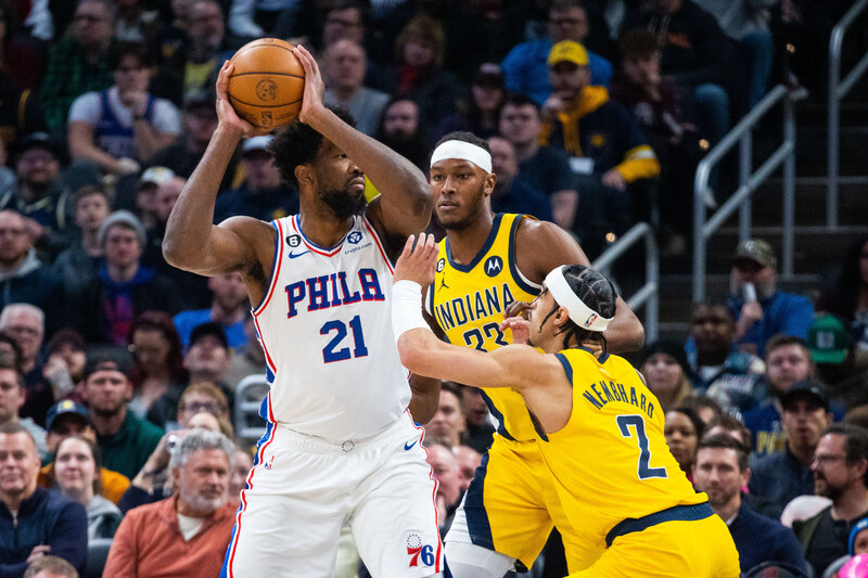 Mar 18, 2023; Indianapolis, Indiana, USA; Philadelphia 76ers center Joel Embiid (21) looks to pass the ball while  Indiana Pacers guard Andrew Nembhard (2) defends in the first quarter at Gainbridge Fieldhouse. Mandatory Credit: Trevor Ruszkowski-USA TODAY Sports