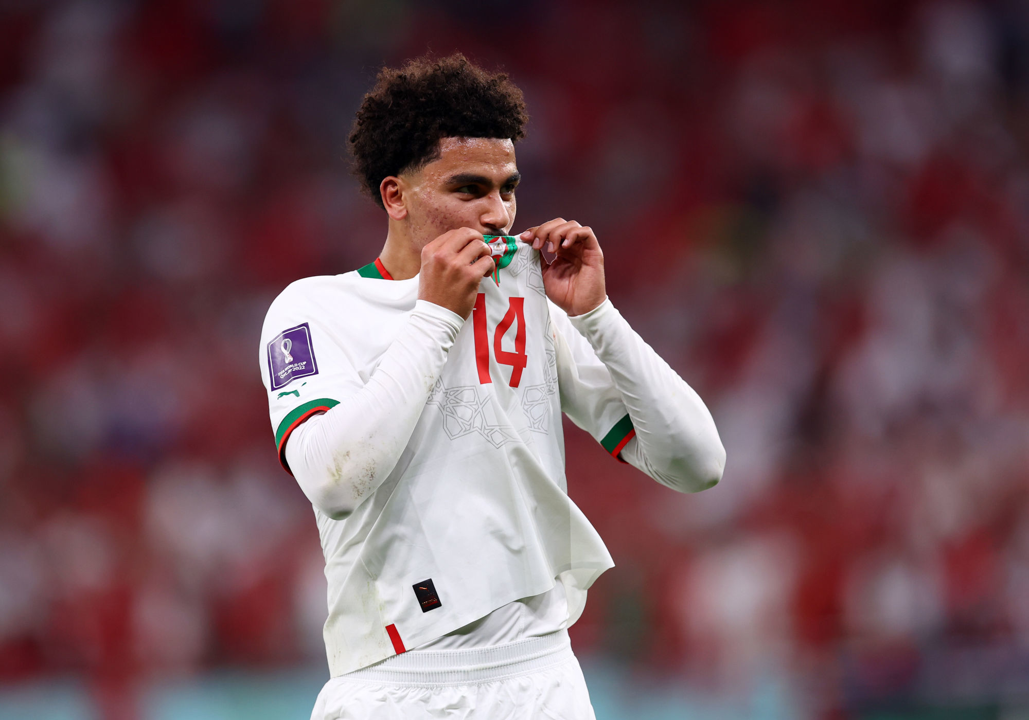 Doha, Qatar, 27th November 2022. Zakaria Aboukhlal of Morocco kisses the shirt badge during the FIFA World Cup 2022 match at Al Thumama Stadium, Doha. Picture credit should read: David Klein / Sportimage - Photo by Icon sport