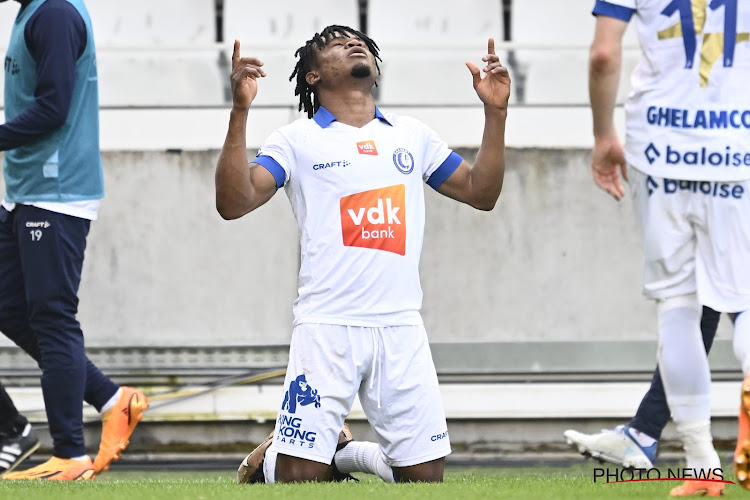 Brugge, Belgium - May 13 : Orban Emmanuel Gift forward of KAA Gent points out to heaven after scoring during the Jupiler Pro League Europe Play-Off match between Cercle Brugge and KAA Gent in the Jan Breydel stadium on May 13, 2023 in Brugge, Belgium, 13/05/2023 ( Photo by Nico Vereecken / Photo News