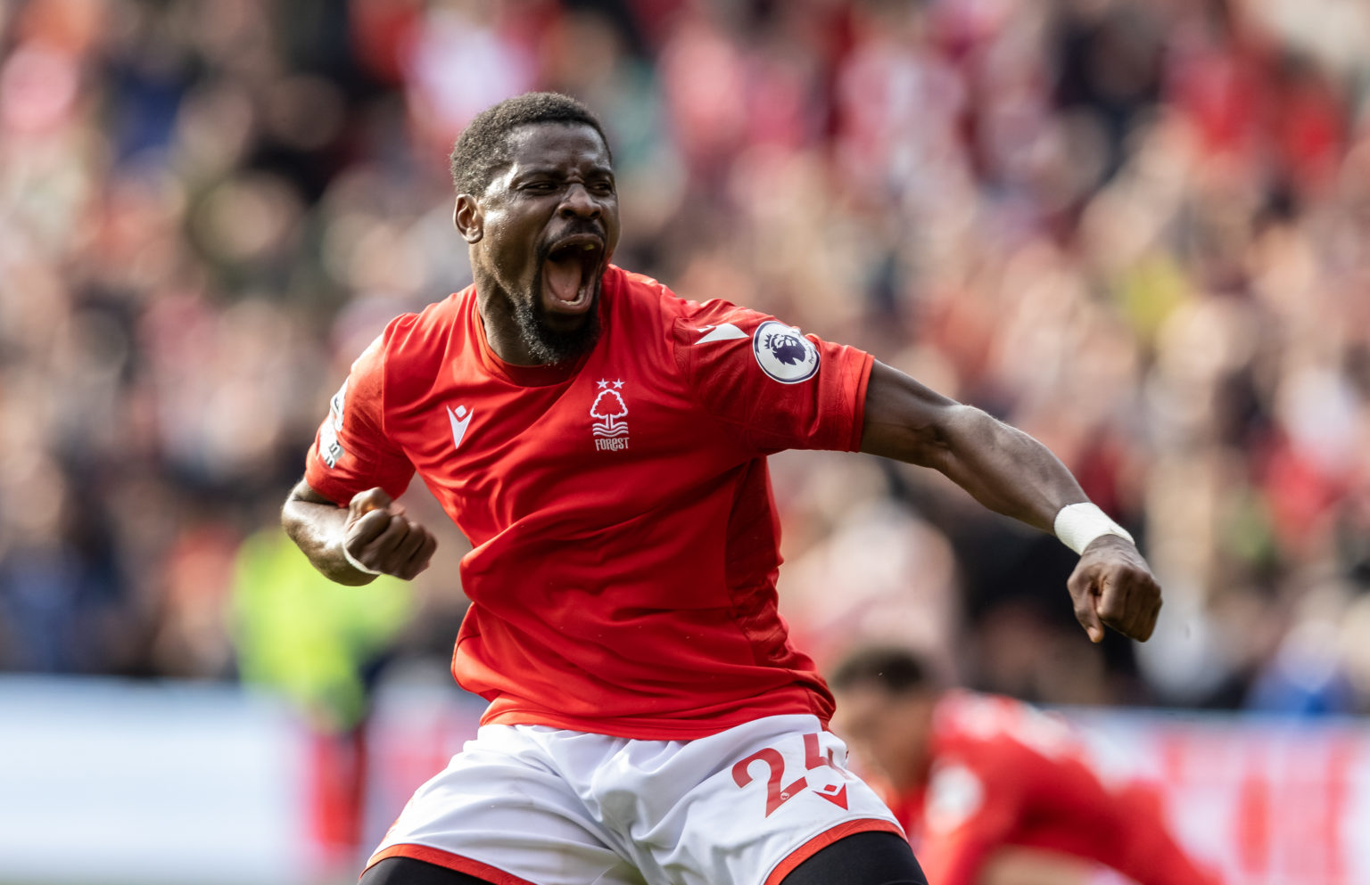 NOTTINGHAM, ENGLAND - OCTOBER 22: Nottingham Forest's Serge Aurier celebrates victory at the end of the match during the Premier League match between Nottingham Forest and Liverpool FC at City Ground on October 22, 2022 in Nottingham, United Kingdom. (Photo by Andrew Kearns - CameraSport via Getty Images)