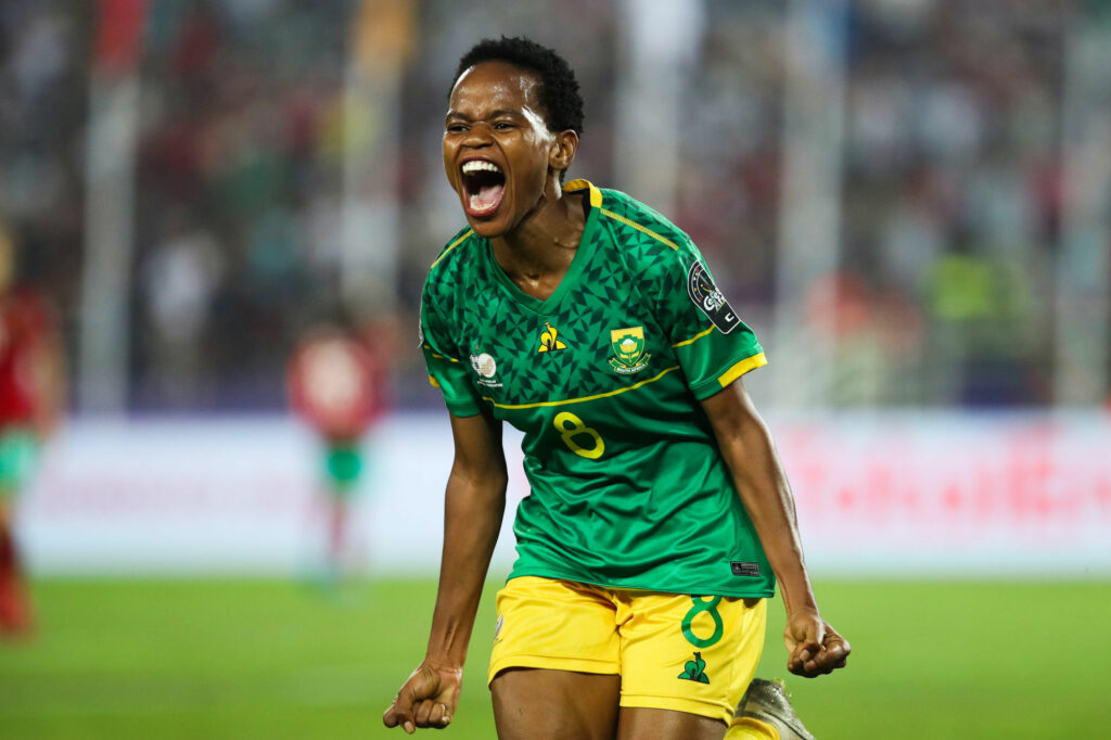 Hildah Tholakele Magaia of South Africa celebrates goal during the 2022 Women's Africa Cup of Nations Final between Morocco and South Africa at Prince Moulay Abdellah Stadium in Rabat, Morocco on 23 July 2022 ©Weam Mostafa/Sports Inc - Photo by Icon sport