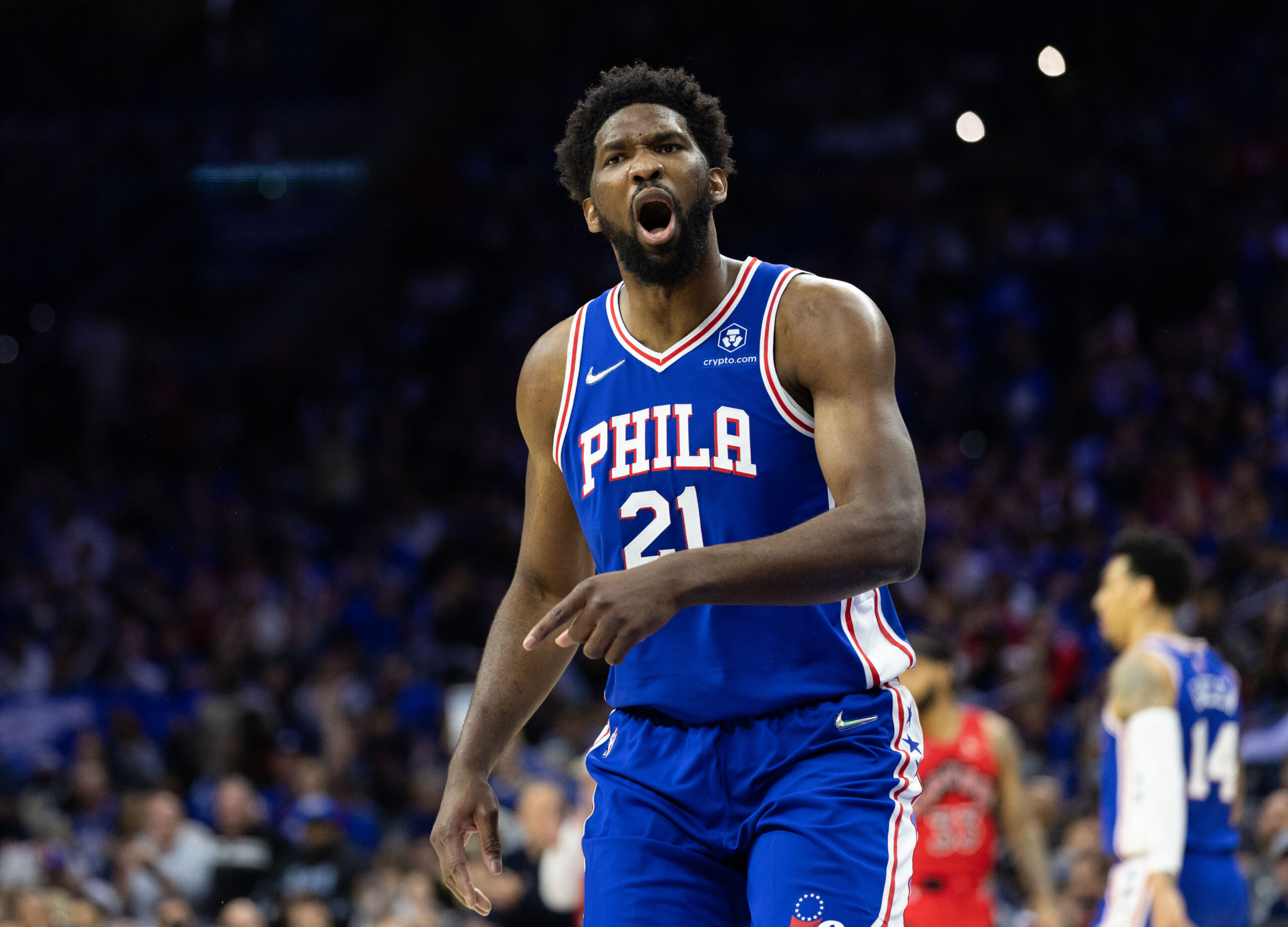 Apr 16, 2022; Philadelphia, Pennsylvania, USA; Philadelphia 76ers center Joel Embiid (21) reacts to an official after a play against the Toronto Raptors during the first quarter of game one of the first round for the 2022 NBA playoffs at Wells Fargo Center. Mandatory Credit: Bill Streicher-USA TODAY Sports