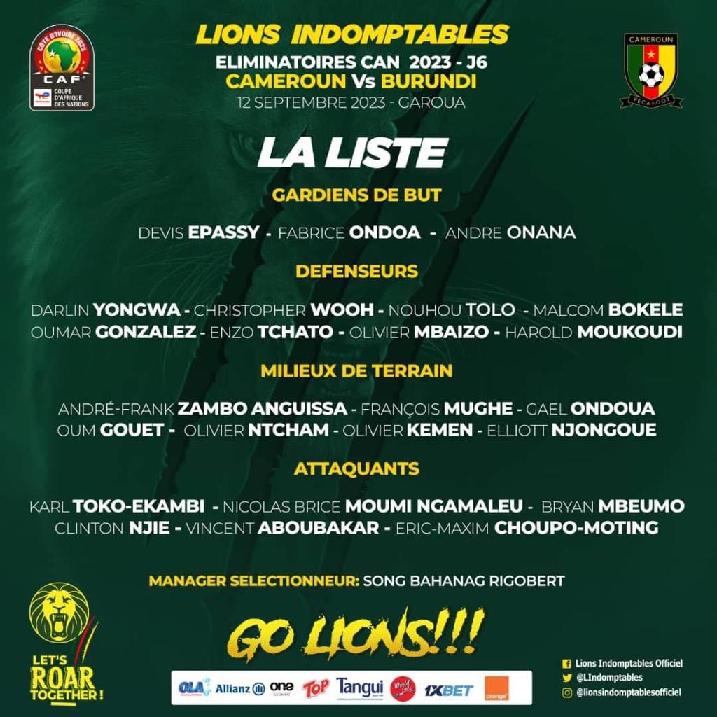 CAN 2023 liste du Cameroun contre le Burundi