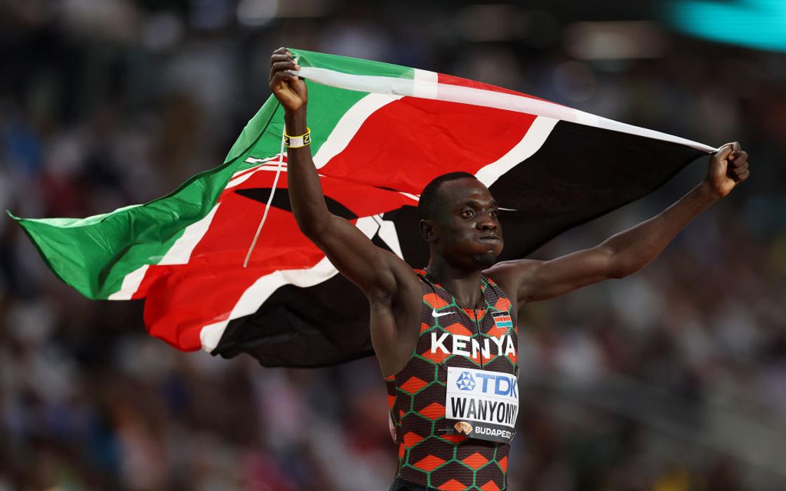 BUDAPEST, HUNGARY - AUGUST 26: Bronze medalist Emmanuel Wanyonyi of Team Kenya reacts after competing in the Men's 800m Final during day eight of the World Athletics Championships Budapest 2023 at National Athletics Centre on August 26, 2023 in Budapest, Hungary. (Photo by Christian Petersen/Getty Images for World Athletics)
