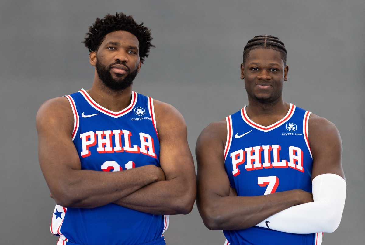 Oct 2, 2023; Camden, NJ, USA; Philadelphia 76ers center Joel Embiid (21) and center Mo Bamba (7) pose for a photo during media day at Philadelphia 76ers Training Complex. Mandatory Credit: Bill Streicher-USA TODAY Sports