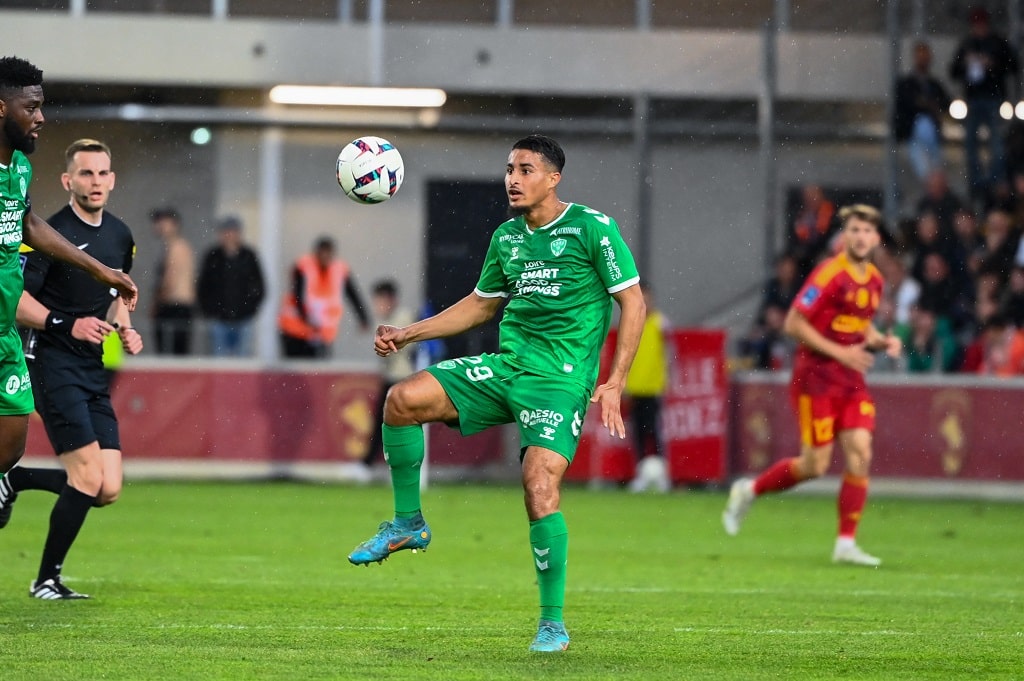 Aimen MOUEFFEK of Saint-Etienneduring the Ligue 2 BKT match between Rodez and Saint Etienne at Paul Lignon Stadium on April 29, 2023 in Rodez, France. (Photo by Alexandre Dimou/Alexpress/Icon Sport)