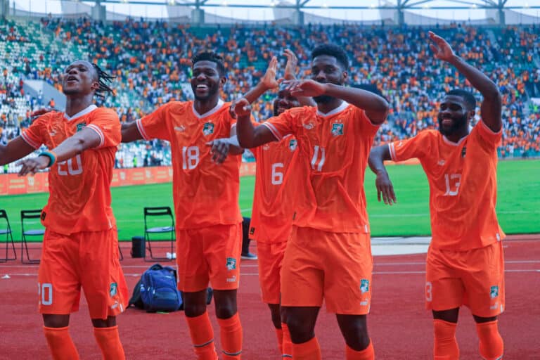 Christian Kouakou, Ibrahim Sangare, Jean Eudes Aholou, Jean Philippe Krasso and Jeremie Boga of Ivory Coast celebrate a goal during the 2023 African Cup of Nations Qualifier game between Ivory Coast and Comoros at Stade Bouake in Ivory Coast on 24 March 2023 © Sports Inc - Photo by Icon sport