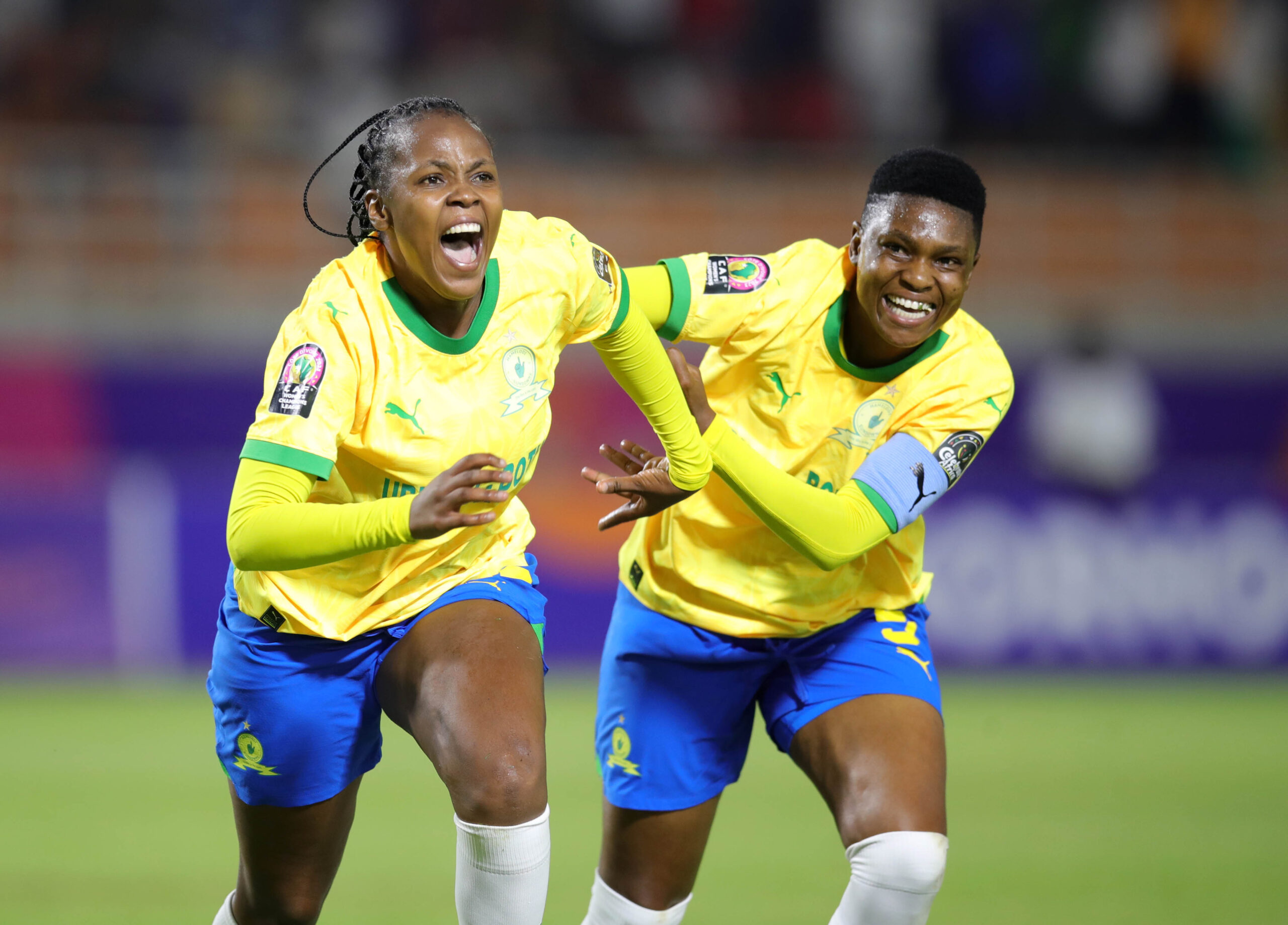 Boitumelo Rabale of Mamelodi Sundowns Ladies celebrates goal with teammates during the 2023 CAF Womens Champions League semifinals match between Mamelodi Sundowns Ladies and ASFAR at Amadou Gon Coulibaly Stadium in Korhogo on 15 November 2023 ©Samuel Shivambu/BackpagePix