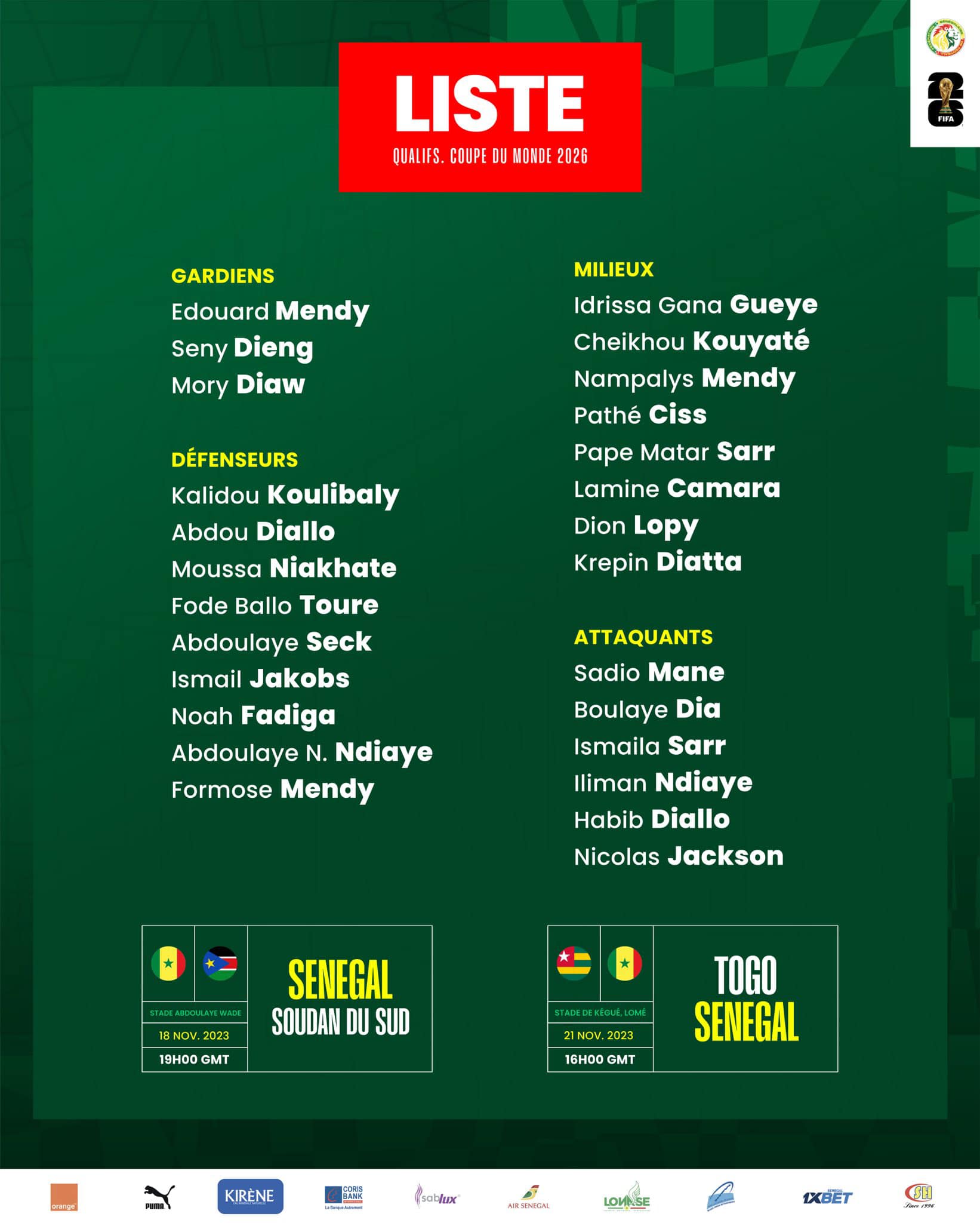 Mondial 2026 liste Sénégal vs Soudan du Sud et Togo