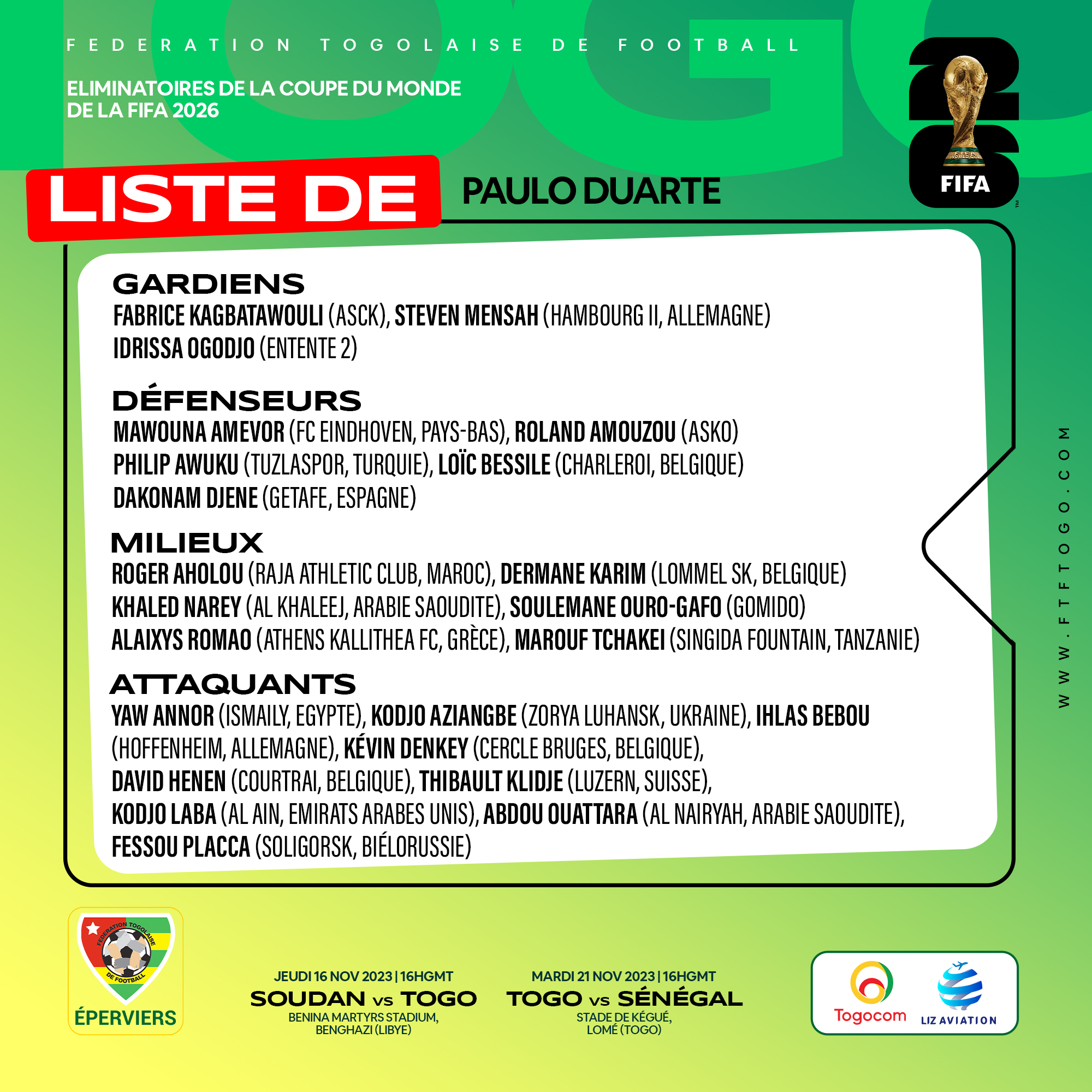 Mondial 2026 liste du Togo