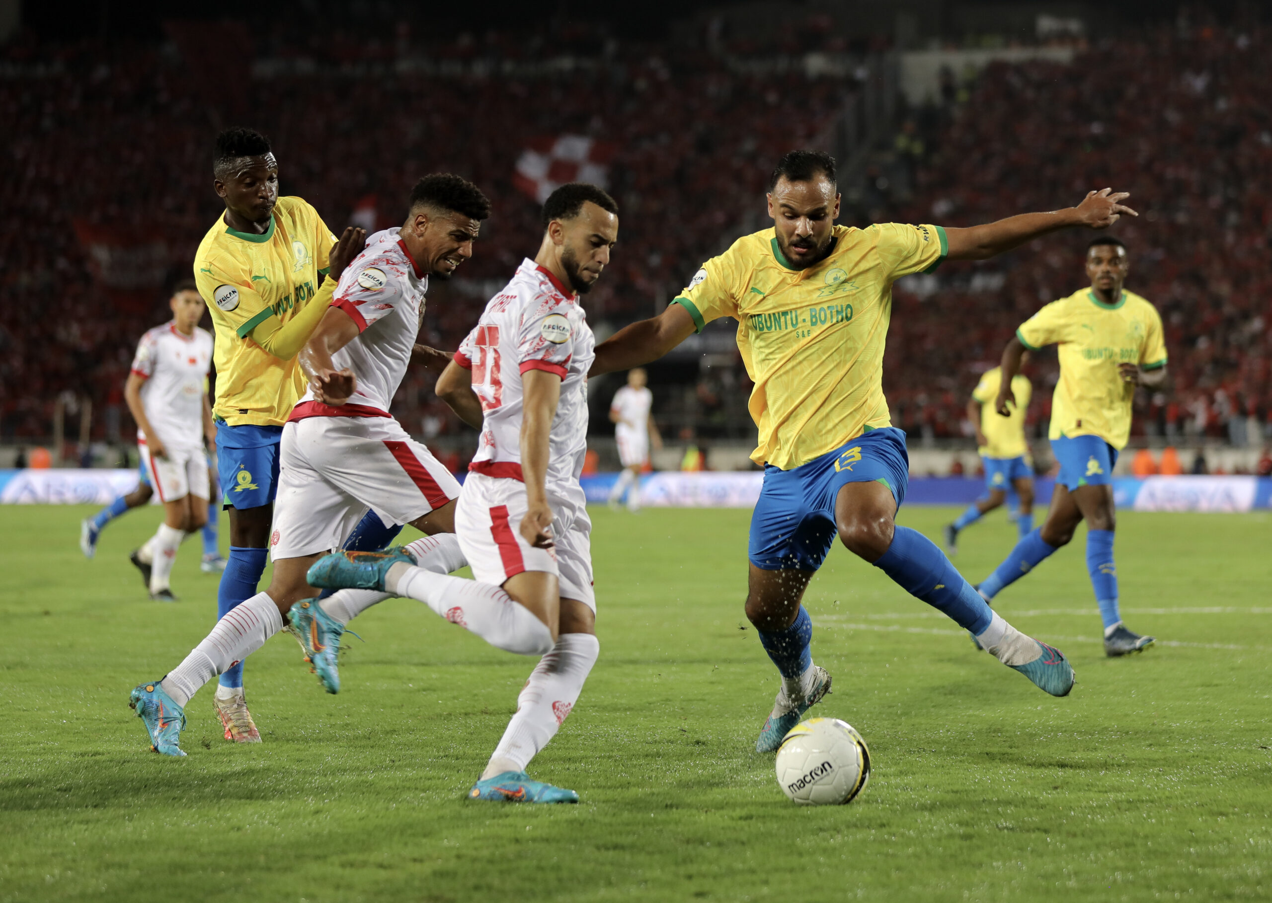 Hicham Boussefiane of Wydad challenges Abdelmounaim Boutouil of Mamelodi Sundowns during the 2023 African Football League final between Wydad Casablanca and Mamelodi Sundowns in Mohammed V Stadium in Casablanca, Morocco on 5 November 2023 ©Nour Aknajja/BackpagePix