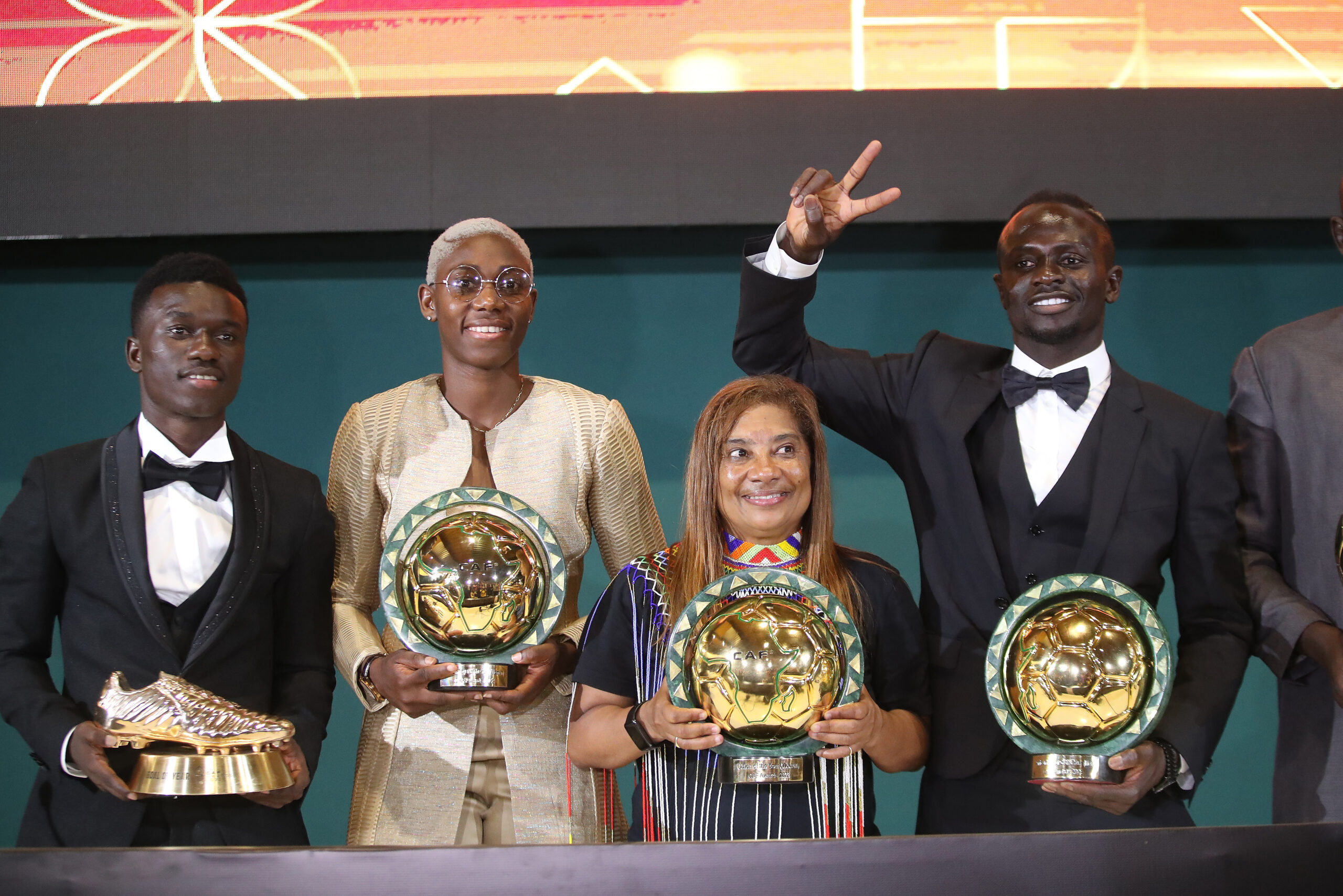 Goal of the Year Winner Pape Ousmane Sakho of Senegal & Simba, Womens African Player of the Year Asisat Oshoala of Nigeria, Womens coach of the Year Desiree Ellis of South Africa and Mens African Player of the Year Sadio Mane of Senegal at the press conference during the 2022 CAF Awards held at Mohammed VI Complex in Sale, Morocco on 21 July 2022©Weam Mostafa/BackpagePix