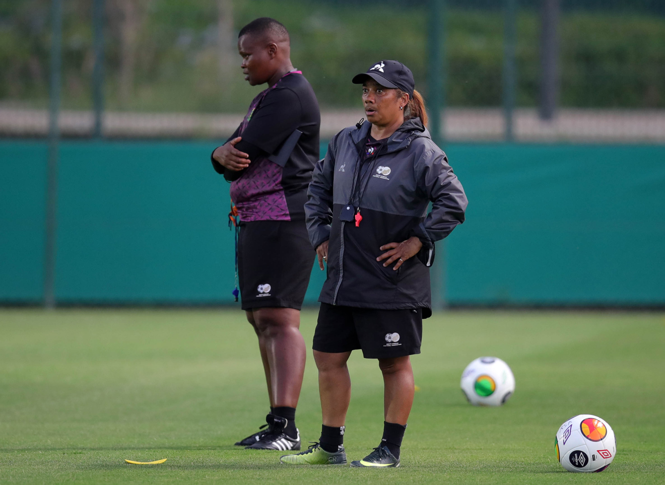 Desiree Ellis, coach of South Africa and Thinasonke Mdluli, assistant coach of South Africa during the 2022 Womens Africa Cup of Nations South Africa training session at Complex Mohamed VI De Football, Rabat on 22 July 2022 ©Samuel Shivambu/BackpagePix