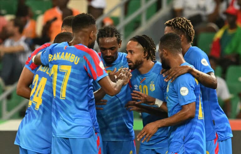 DR Congo players celebrare a goal scored by Chancel Mangulu Mbemba of DR Congo during the 2023 Africa Cup of Nations quarterfinal match between DR Congo and Guinea at Alassane Ouattara Stadium in Abidjan, Cote dIvoire on 2 February 2024 - Photo by Icon Sport