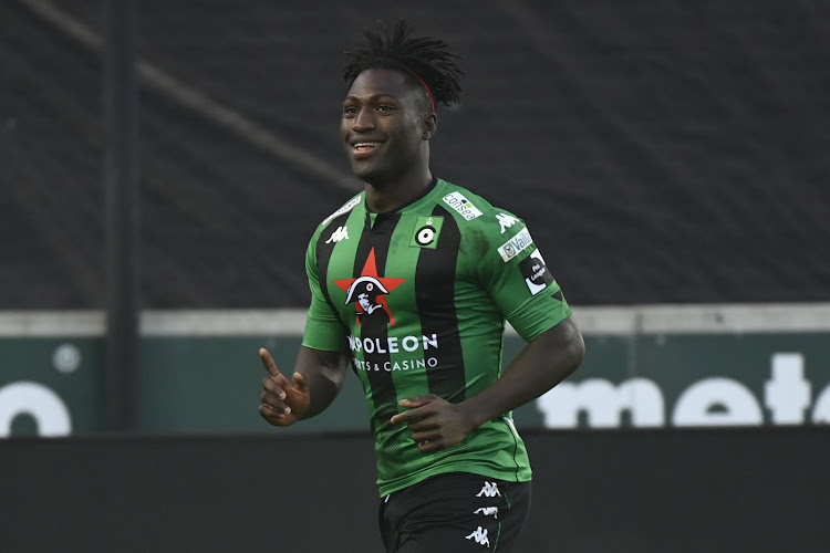 BRUGGE, BELGIUM - FEBRUARY 27 : Kevin Denkey of CSB  celebrates after scoring during the Jupiler Pro League between   Cercle Brugge and Waasland Beveren February 27, 2021 in Brugge, Belgium, 27/02/2021 ( Photo by Philippe Crochet / Photonews