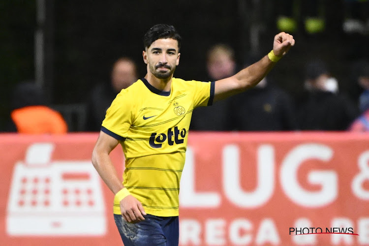 BRUSSELS, BELGIUM - NOVEMBER 05 : Amoura Mohamed El Amine  forward of Union St-Gilloise celebrates after scoring during the Jupiler Pro League match between Royale Union Saint-Gilloise and Club Brugge on November 5, 2023 in Brussels, Belgium, 5/11/2023 ( Photo by Vincent Kalut / Photonews