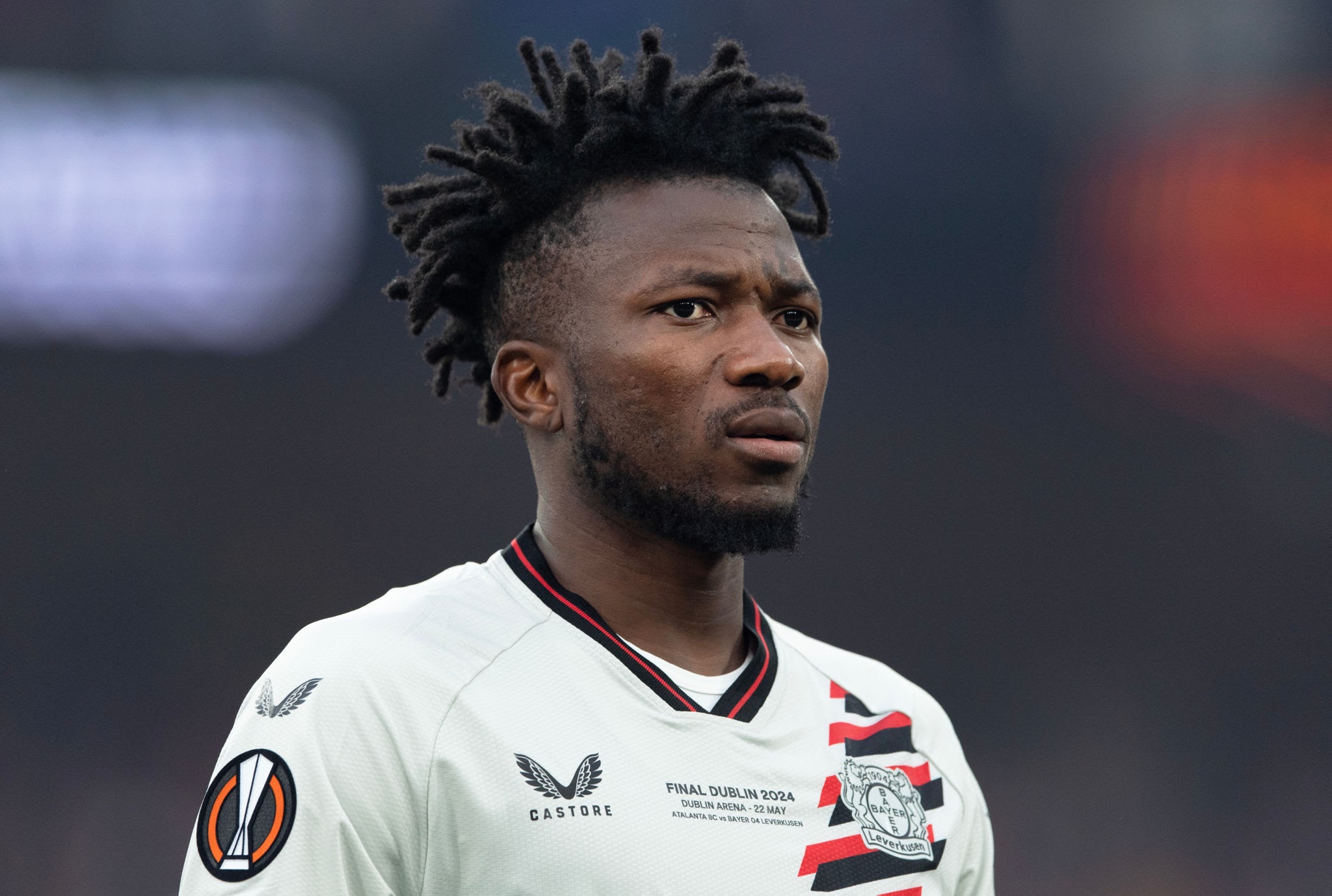 DUBLIN, IRELAND - MAY 22: Edmond Tapsoba of Bayer 04 Leverkusen lines up before the UEFA Europa League 2023/24 final match between Atalanta BC and Bayer 04 Leverkusen at Dublin Arena on May 22, 2024 in Dublin, Ireland. (Photo by Visionhaus/Getty Images)