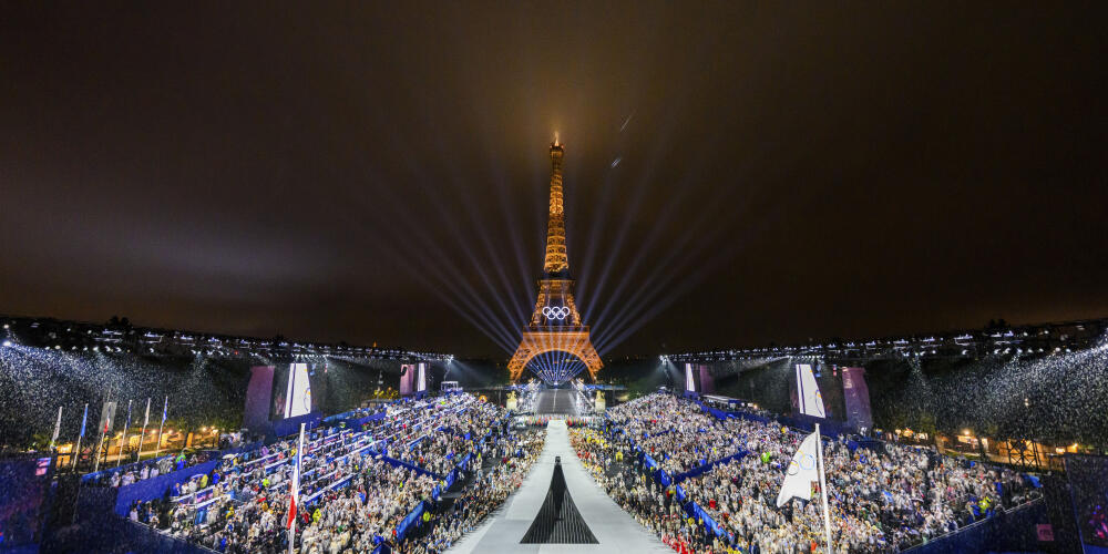 An overview of the Trocadero venue with the Eiffel Tower in the background, in Paris, during the opening ceremony of the 2024 Summer Olympics, Friday, July 26, 2024. (Francois-Xavier Marit/Pool Photo via AP)