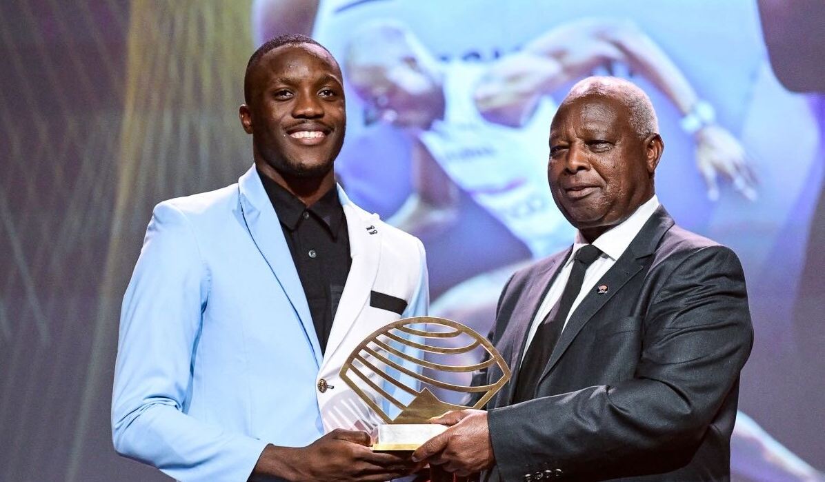 Botswanan sprinter Letsile Tebogo receives the Menís Track Athlete of the Year Award during the World Athletics Awards 2024 in Monaco on December 1, 2024. (Photo by FREDERIC DIDES / AFP)